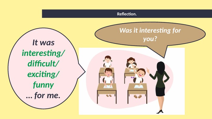 Was it interesting for you?Reflection. It was interesting/difficult/exciting/funny… for me.