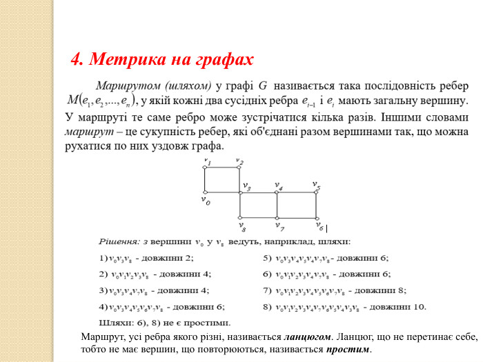 4. Метрика на графах. Маршрут, усі ребра якого різні, називається ланцюгом. Ланцюг, що не перетинає себе, тобто не має вершин, що повторюються, називається простим.