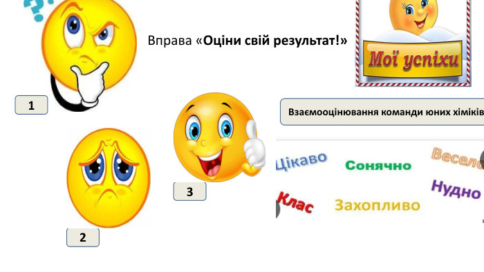  Ну як? Сподобалось?Вправа «Оціни свій результат!»Взаємооцінювання команди юних хіміків123