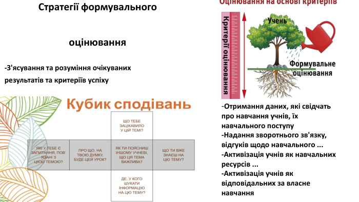  Стратегії формувального оцінювання -Отримання даних, які свідчать про навчання учнів, їх навчального поступу-Надання зворотнього зв'язку, відгуків щодо навчального ...-Активізація учнів як навчальних ресурсів ...-Активізація учнів як відповідальних за власне навчання-З'ясування та розуміння очікуваних результатів та критеріїв успіху