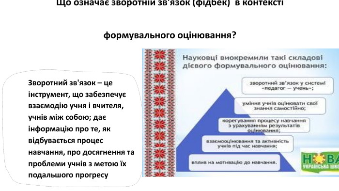  Що означає зворотній зв'язок (фідбек) в контексті формувального оцінювання?Зворотний зв'язок – це інструмент, що забезпечує взаємодію учня і вчителя, учнів між собою; дає інформацію про те, як відбувається процес навчання, про досягнення та проблеми учнів з метою їх подальшого прогресу