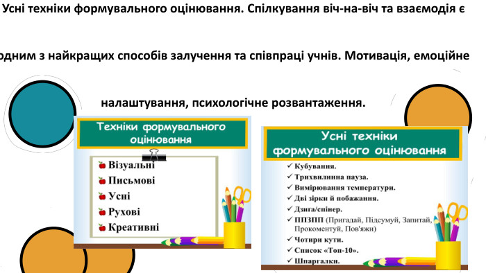  Усні техніки формувального оцінювання. Спілкування віч-на-віч та взаємодія є одним з найкращих способів залучення та співпраці учнів. Мотивація, емоційне налаштування, психологічне розвантаження.