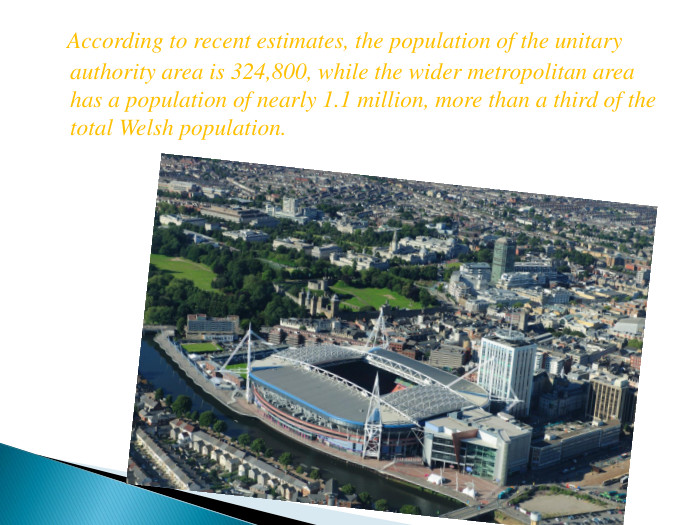 According to recent estimates, the population of the unitary authority area is 324,800, while the wider metropolitan area has a population of nearly 1.1 million, more than a third of the total Welsh population. 