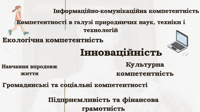 Компетентності в галузі природничих наук, техніки і технологійІнноваційність. Екологічна компетентністьІнформаційно-комунікаційна компетентність. Навчання впродовж життя. Громадянські та соціальні компетентності Культурна компетентність. Підприємливість та фінансова грамотність