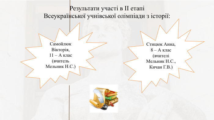 Результати участі в ІІ етапі Всеукраїнської учнівської олімпіади з історії: Стицюк Анна, 8 – А клас (вчителі Мельник Н. С., Кичан Г. В.)Самойлюк Вікторія, 11 – А клас (вчитель Мельник Н. С.)