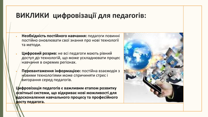 ВИКЛИКИ цифровізації для педагогів: Необхідність постійного навчання: педагоги повинні постійно оновлювати свої знання про нові технології та методи. Цифровий розрив: не всі педагоги мають рівний доступ до технологій, що може ускладнювати процес навчання в окремих регіонах. Перевантаження інформацією: постійна взаємодія з новими технологіями може спричиняти стрес і вигорання серед педагогів. Цифровізація педагогів є важливим етапом розвитку освітньої системи, що відкриває нові можливості для вдосконалення навчального процесу та професійного росту педагога.