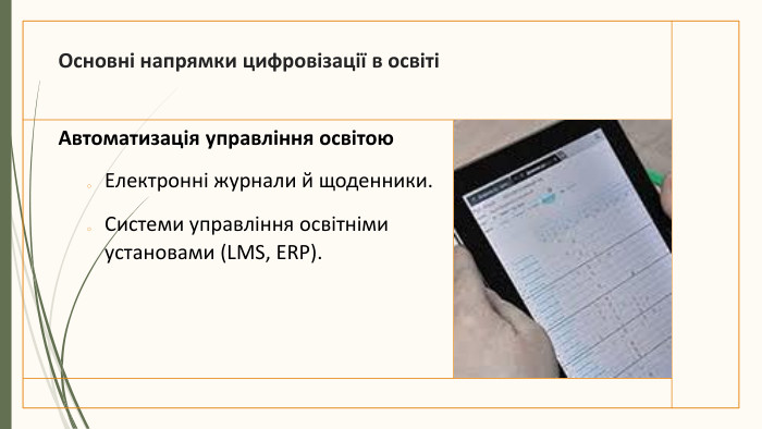 Основні напрямки цифровізації в освітіАвтоматизація управління освітою. Електронні журнали й щоденники. Системи управління освітніми установами (LMS, ERP).