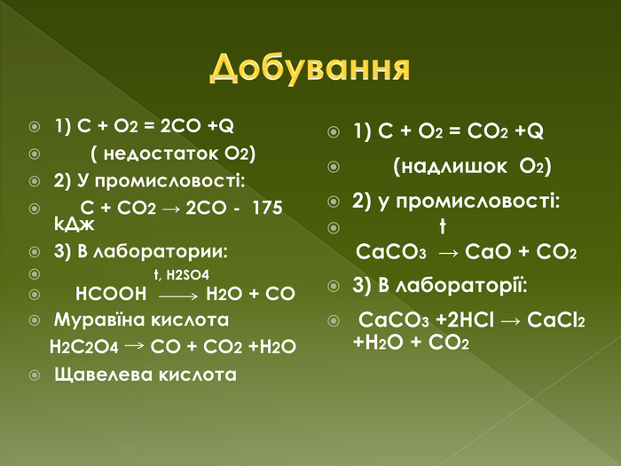 Добування 1) С + О2 = 2 СО +Q ( недостаток О2)2) У промисловості: С + СО2 → 2 СО - 175 k. Дж3) В лаборатории: t, Н2 SО4 НСООН Н2 О + СОМуравїна кислота Н2 С2 О4 СО + СО2 +Н2 ОЩавелева кислота1) С + О2 = СО2 +Q (надлишок О2)2) у промисловості: t Са. СО3 → Са. О + СО23) В лабораторії: Са. СО3 +2 НСl → Са. Сl2 +Н2 О + СО2