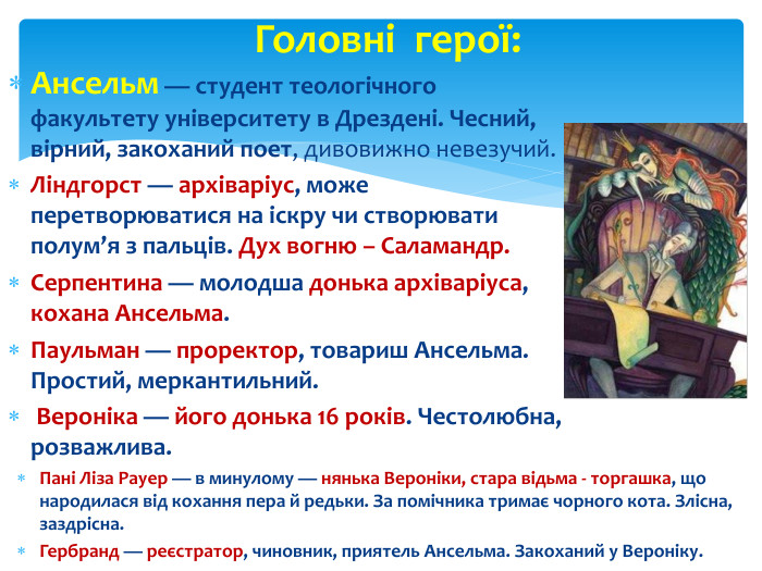 Ансельм — студент теологічного факультету університету в Дрездені. Чесний, вірний, закоханий поет, дивовижно невезучий. Ліндгорст — архіваріус, може перетворюватися на іскру чи створювати полум’я з пальців. Дух вогню – Саламандр. Серпентина — молодша донька архіваріуса, кохана Ансельма. Паульман — проректор, товариш Ансельма. Простий, меркантильний. Вероніка — його донька 16 років. Честолюбна, розважлива. Головні герої: Пані Ліза Рауер — в минулому — нянька Вероніки, стара відьма - торгашка, що народилася від кохання пера й редьки. За помічника тримає чорного кота. Злісна, заздрісна. Гербранд — реєстратор, чиновник, приятель Ансельма. Закоханий у Вероніку.