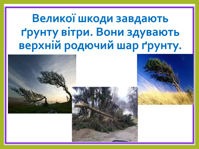 Великої шкоди завдають ґрунту вітри. Вони здувають верхній родючий шар ґрунту. 