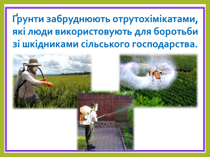 Ґрунти забруднюють отрутохімікатами, які люди використовують для боротьби зі шкідниками сільського господарства. 