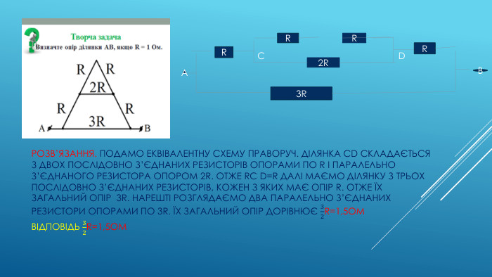 Розв’язання. Подамо еквівалентну схему праворуч. Ділянка cd складається з двох послідовно з’єднаних резисторів опорами по r і паралельно з’єднаного резистора опором 2r. Отже rc d=r далі маємо ділянку з трьох послідовно з’єднаних резисторів, кожен з яких має опір r. Отже їх загальний опір 3r. Нарешті розглядаємо два паралельно з’єднаних резистори опорами по 3r. Їх загальний опір дорівнює 32r=1,5 ОМвідповідь 32r=1,5ом RR2 RRR3 RABDC