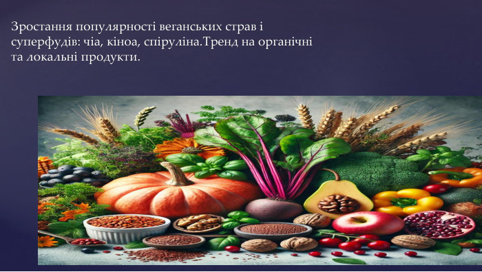 Зростання популярності веганських страв і суперфудів: чіа, кіноа, спіруліна. Тренд на органічні та локальні продукти. Рослинна дієта та суперфуди
