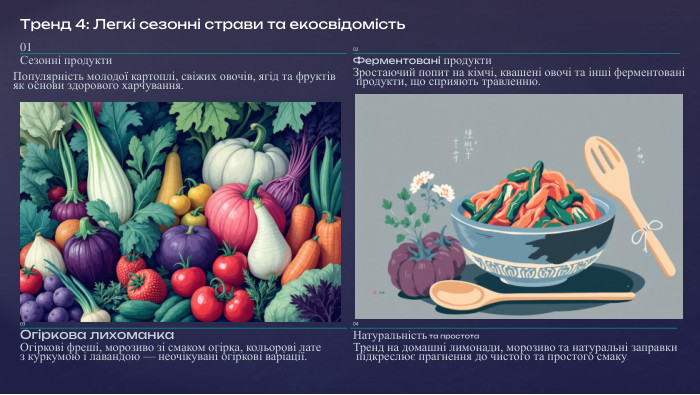Тренд 4: Легкі сезонні страви та екосвідомість01 Сезонні продукти. Популярність молодої картоплі, свіжих овочів, ягід та фруктів як основи здорового харчування.02 Ферментовані продукти. Зростаючий попит на кімчі, квашені овочі та інші ферментовані продукти, що сприяють травленню.03 Огіркова лихоманка. Огіркові фреші, морозиво зі смаком огірка, кольорові лате з куркумою і лавандою — неочікувані огіркові варіації.04 Натуральність та простота. Тренд на домашні лимонади, морозиво та натуральні заправки підкреслює прагнення до чистого та простого смаку. Цей тренд відображає зростаючу екосвідомість та бажання споживачів харчуватися якісно та відповідально.