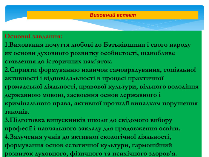 Виховний аспект. Основні завдання:1. Виховання почуття любові до Батьківщини і свого народу як основи духовного розвитку особистості, шанобливе ставлення до історичних пам'яток.2. Сприяти формуванню навичок самоврядування, соціальної активності і відповідальності в процесі практичної громадської діяльності, правової культури, вільного володіння державною мовою, засвоєння основ державного і кримінального права, активної протидії випадкам порушення законів.3. Підготовка випускників школи до свідомого вибору професії і навчального закладу для продовження освіти.4. Залучення учнів до активної екологічної діяльності, формування основ естетичної культури, гармонійний розвиток духовного, фізичного та психічного здоров'я.5. Затвердження культури здорового способу життя.