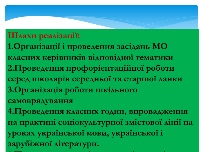 Шляхи реалізації:1. Організації і проведення засідань МО класних керівників відповідної тематики2. Проведення профорієнтаційної роботи серед школярів середньої та старшої ланки3. Організація роботи шкільного самоврядування4. Проведення класних годин, впровадження на практиці соціокультурної змістової лінії на уроках української мови, української і зарубіжної літератури.5. Проведення тижнів, декад, місячників тощо