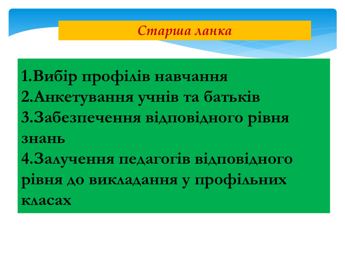 Старша ланка1. Вибір профілів навчання2. Анкетування учнів та батьків3. Забезпечення відповідного рівня знань4. Залучення педагогів відповідного рівня до викладання у профільних класах