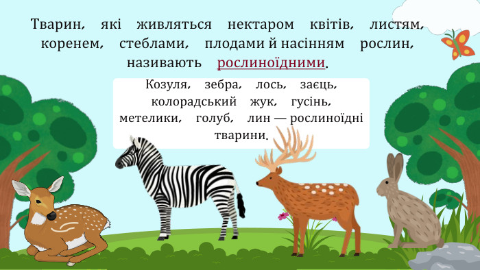 Тварин, які живляться нектаром квітів, листям, коренем, стеблами, плодами й насінням рослин, називають рослиноїдними. Козуля, зебра, лось, заєць, колорадський жук, гусінь, метелики, голуб, лин — рослиноїдні тварини.