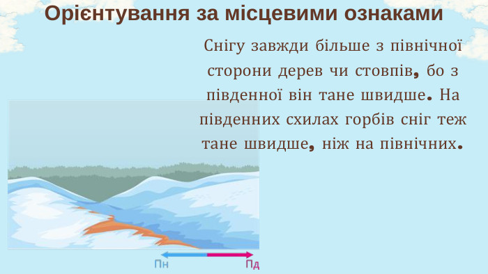 Снігу завжди більше з північної сторони дерев чи стовпів, бо з південної він тане швидше. На південних схилах горбів сніг теж тане швидше, ніж на північних. Орієнтування за місцевими ознаками