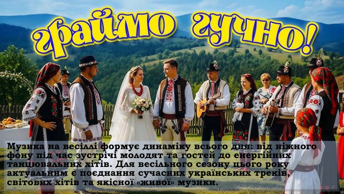 Музика на весіллі формує динаміку всього дня: від ніжного фону під час зустрічі молодят та гостей до енергійних танцювальних хітів. Для весільного сезону цього року актуальним є поєднання сучасних українських треків, світових хітів та якісної «живої» музики. 