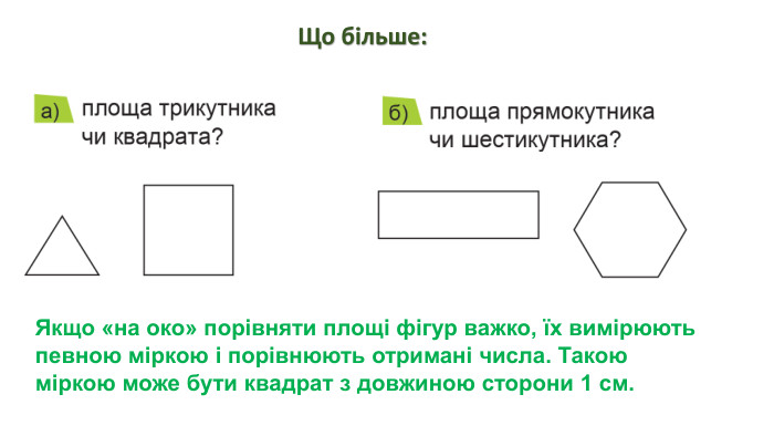 Що більше: Якщо «на око» порівняти площі фігур важко, їх вимірюють певною міркою і порівнюють отримані числа. Такою міркою може бути квадрат з довжиною сторони 1 см.