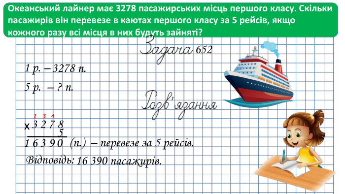 3278 п. 1 р. – 5 р. – ? п. Океанський лайнер має 3278 пасажирських місць першого класу. Скільки пасажирів він перевезе в каютах першого класу за 5 рейсів, якщо кожного разу всі місця в них будуть зайняті? 652 Відповідь: 16 390 пасажирів.3 2 7 8х5(п.)– перевезе за 5 рейсів.109364 3 1 