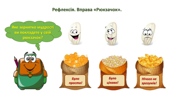 Рефлексія. Вправа «Рюкзачок». Яке зернятко мудрості ви покладете у свій рюкзачок?Було просто!Було цікаво!Нічого не зрозумів!