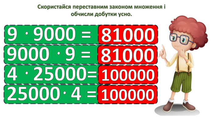 Скористайся переставним законом множення і обчисли добутки усно. 9 · 9000 =810009000 · 9 =810004 · 25000=10000025000· 4 = 100000