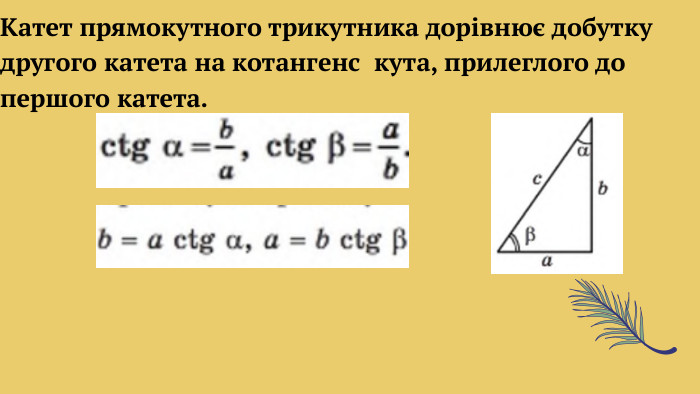 Катет прямокутного трикутника дорівнює добутку другого катета на котангенс кута, прилеглого до першого катета.