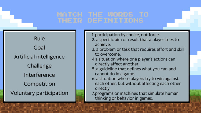 Goal MATCH THE WORDS TO THEIR DEFINITIONSRule. Challenge. Interference. Competition. Voluntary participation. Artificial intelligenceparticipation by choice, not force. a specific aim or result that a player tries to achieve. a problem or task that requires effort and skill to overcome.a situation where one player’s actions can directly affect another. a guideline that defines what you can and cannot do in a game. a situation where players try to win against each other, but without affecting each other directly.programs or machines that simulate human thinking or behavior in games.