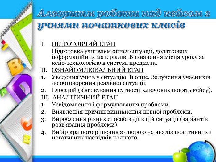 Алгоритм роботи над кейсом з учнями початкових класів. ПІДГОТОВЧИЙ ЕТАППідготовка учителем опису ситуації, додаткових інформаційних матеріалів. Визначення місця уроку за кейс-технологією в системі предмета.ІІ. ОЗНАЙОМЛЮВАЛЬНИЙ ЕТАПУведення учнів у ситуацію. Її опис. Залучення учасників до обговорення реальної ситуації. Глосарій (з'ясовування сутності ключових понять кейсу).ІІІ. АНАЛІТИЧНИЙ ЕТАПУсвідомлення і формулювання проблеми. Виявлення причин виникнення певної проблеми. Вироблення різних способів дії в цій ситуації (варіантів розв'язання проблеми). Вибір кращого рішення з опорою на аналіз позитивних і негативних наслідків кожного.