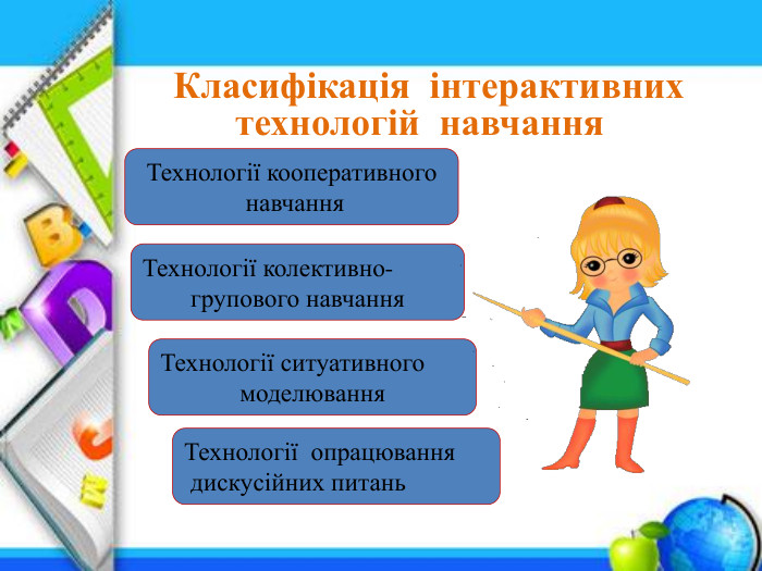  Класифікація  інтерактивних технологій навчання. Технології кооперативного навчання. Технології колективно-групового навчання. Технології ситуативногомоделювання. Технології опрацювання дискусійних питань