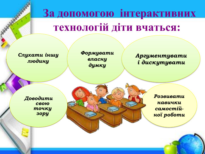  За допомогою інтерактивних технологій діти вчаться: Cлухати іншу людину. Формувати власну думку. Аргументувати і дискутувати. Розвивати навички самостій-ної роботи. Доводити свою точку зору 