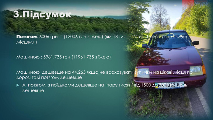 3. Підсумок. Потягом: 6006 грн (12006 грн з їжею) (від 18 тис. – 20тис. І з їжею і цікавими місцями)Машиною : 5961.735 грн (11961.735 з їжею)Машиною дешевше на 44.265 якщо не враховувати зупинки на цікаві місця по дорозі тоді потягом дешевше А потягом з поїздками дешевше на пару тисяч ( від 1500 до 3000 гривень дешевше 