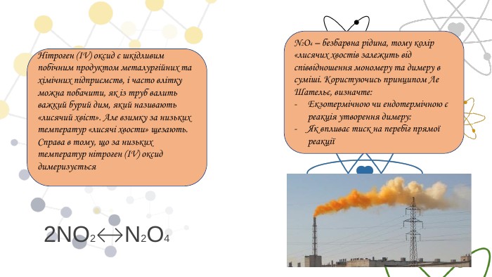 Нітроген (ІV) оксид є шкідливим побічним продуктом металургійних та хімічних підприємств, і часто влітку можна побачити, як із труб валить важкий бурий дим, який називають «лисячий хвіст». Але взимку за низьких температур «лисячі хвости» щезають. Справа в тому, що за низьких температур нітроген (ІV) оксид димеризується N2 O4 – безбарвна рідина, тому колір «лисячих хвостів залежить від співвідношення мономеру та димеру в суміші. Користуючись принципом Ле Шательє, визначте: Екзотермічною чи ендотермічною є реакція утворення димеру: Як впливає тиск на перебіг прямої реакції2 NO2↔N2 O4