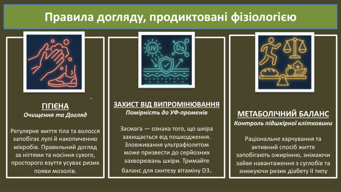 Правила догляду, продиктовані фізіологією. ГІГІЄНАОчищення та Догляд. Регулярне миття тіла та волоссязапобігає лупі й накопиченнюмікробів. Правильний догляд за нігтями та носіння сухого,просторого взуття усуває ризикпояви мозолів. МЕТАБОЛІЧНИЙ БАЛАНСКонтроль підшкірної клітковини. Раціональне харчування таактивний спосіб життязапобігають ожирінню, знімаючизайве навантаження з суглобів тазнижуючи ризик діабету II типу. ЗАХИСТ ВІД ВИПРОМІНЮВАННЯПомірність до УФ-променів. Засмага — ознака того, що шкіразахищається від пошкодження. Зловживання ультрафіолетомможе призвести до серйознихзахворювань шкіри. Тримайтебаланс для синтезу вітаміну D3.