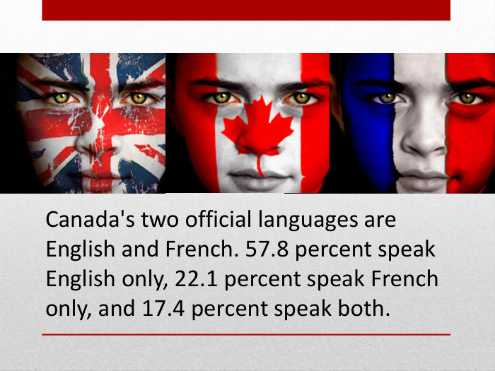 Canada's two official languages are English and French. 57.8 percent speak English only, 22.1 percent speak French only, and 17.4 percent speak both. 