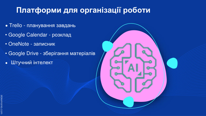  Платформи для організації роботи• Trello - планування завдань• Google Calendar - розклад• One. Note - записник• Google Drive - зберігання матеріалів. Штучний інтелект 