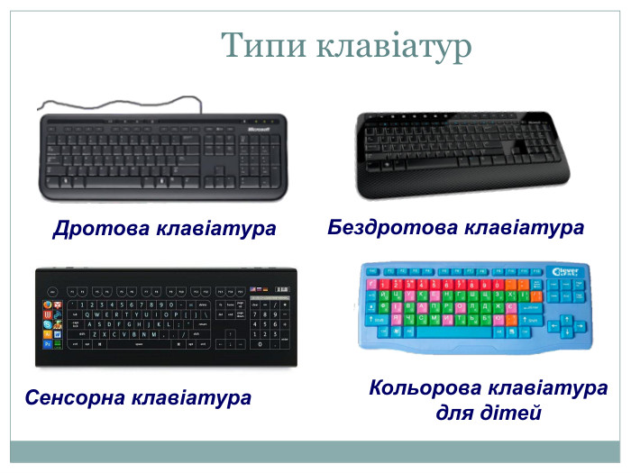 Типи клавіатур. Бездротова клавіатура. Дротова клавіатура. Кольорова клавіатура для дітей. Сенсорна клавіатура