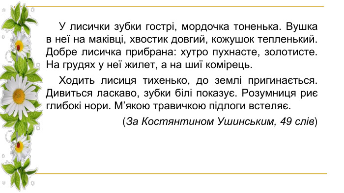 У лисички зубки гострі, мордочка тоненька. Вушка в неї на маківці, хвостик довгий, кожушок тепленький. Добре лисичка прибрана: хутро пухнасте, золотисте. На грудях у неї жилет, а на шиї комірець. Ходить лисиця тихенько, до землі пригинається. Дивиться ласкаво, зубки білі показує. Розумниця риє глибокі нори. М’якою травичкою підлоги встеляє. (За Костянтином Ушинським, 49 слів)