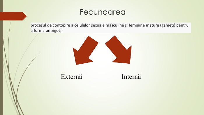 Fecundareaprocesul de contopire a celulelor sexuale masculine și feminine mature (gameți) pentru a forma un zigot; ExternăInternă