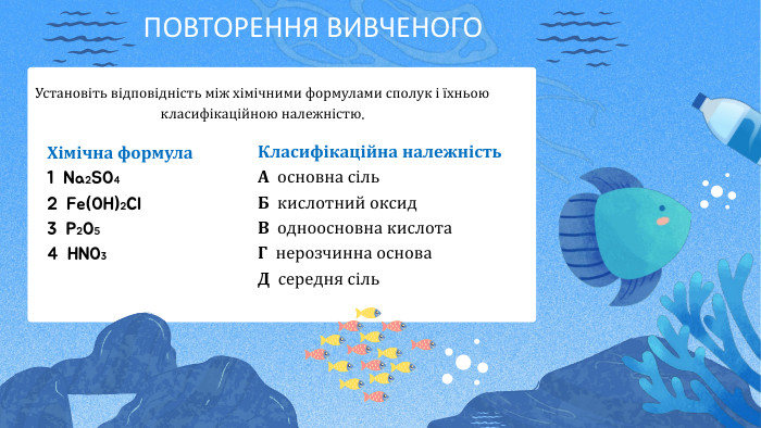 ПОВТОРЕННЯ ВИВЧЕНОГОУстановіть відповідність між хімічними формулами сполук і їхньою класифікаційною належністю. Хімічна формула1 Na2 SO42 Fe(OH)2 Cl3 P2 O54 HNO3 Класифікаційна належність. А основна сіль. Б кислотний оксид. В одноосновна кислота. Г нерозчинна основа. Д середня сіль