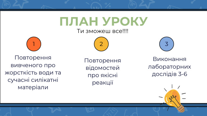 Повторення вивченого про жорсткість води та сучасні силікатні матеріали. ПЛАН УРОКУТи зможеш все!!!!Повторення відомостей про якісні реакціїВиконання лабораторних дослідів 3-6123
