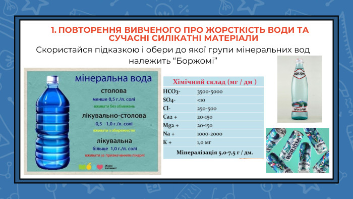 ПОВТОРЕННЯ ВИВЧЕНОГО ПРО ЖОРСТКІСТЬ ВОДИ ТА СУЧАСНІ СИЛІКАТНІ МАТЕРІАЛИСкористайся підказкою і обери до якої групи мінеральних вод належить “Боржомі”
