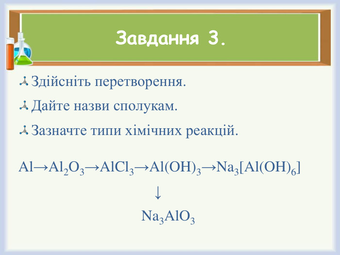 Завдання 3. Здійсніть перетворення. Дайте назви сполукам. Зазначте типи хімічних реакцій. Al→Al2 O3→Al. Cl3→Al(OH)3→Na3[Al(OH)6] ↓ Na3 Al. O3