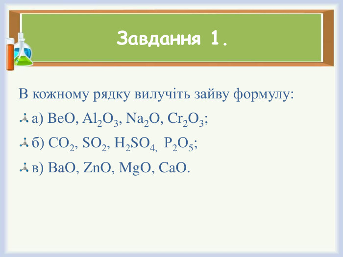 Завдання 1. В кожному рядку вилучіть зайву формулу:а) Be. O, Al2 O3, Na2 O, Cr2 O3;б) СО2, SO2, H2 SO4, Р2 О5;в) Ва. O, Zn. O, Mg. O, Ca. O. 