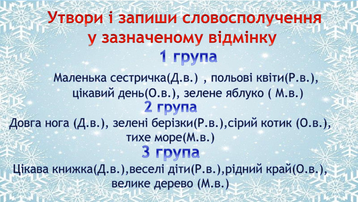 Поместите здесь ваш текст. Утвори і запиши словосполученняу зазначеному відмінку 1 група. Маленька сестричка(Д.в.) , польові квіти(Р.в.), цікавий день(О.в.), зелене яблуко ( М.в.)2 група. Довга нога (Д.в.), зелені берізки(Р.в.),сірий котик (О.в.),тихе море(М.в.) 3 група. Цікава книжка(Д.в.),веселі діти(Р.в.),рідний край(О.в.),велике дерево (М.в.)