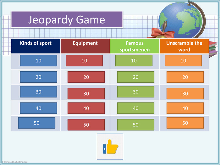 Jeopardy Game{5 C22544 A-7 EE6-4342-B048-85 BDC9 FD1 C3 A}Kinds of sport. Equipment. Famous sportsmenеn. Unscramble the word 1020304050102030405010203040501020304050