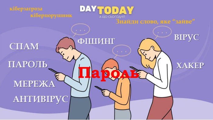 ВІРУСФІШИНГСПАМХАКЕРПАРОЛЬАНТИВІРУСМЕРЕЖАЗнайди слово, яке “зайве”кіберзагрозакіберпорушник. Пароль
