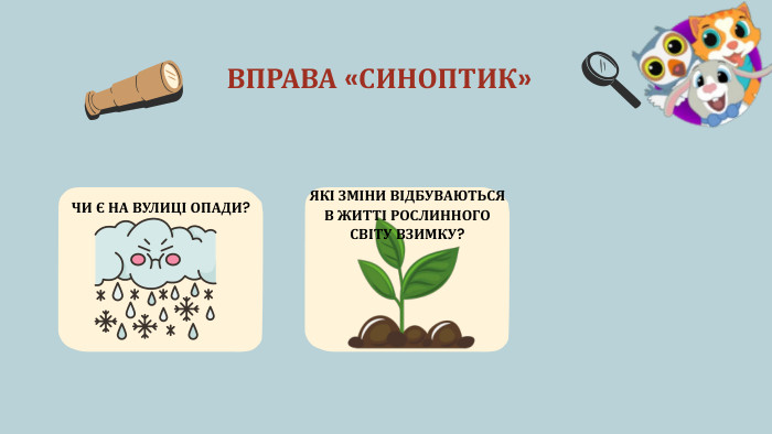 ВПРАВА «СИНОПТИК»ЧИ Є НА ВУЛИЦІ ОПАДИ? ЯКІ ЗМІНИ ВІДБУВАЮТЬСЯ В ЖИТТІ РОСЛИННОГО СВІТУ ВЗИМКУ? 